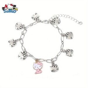 Sanrio Charm Bracelet Womens Silver Hello Kitty Enamel Link Chain Adjustable NWT